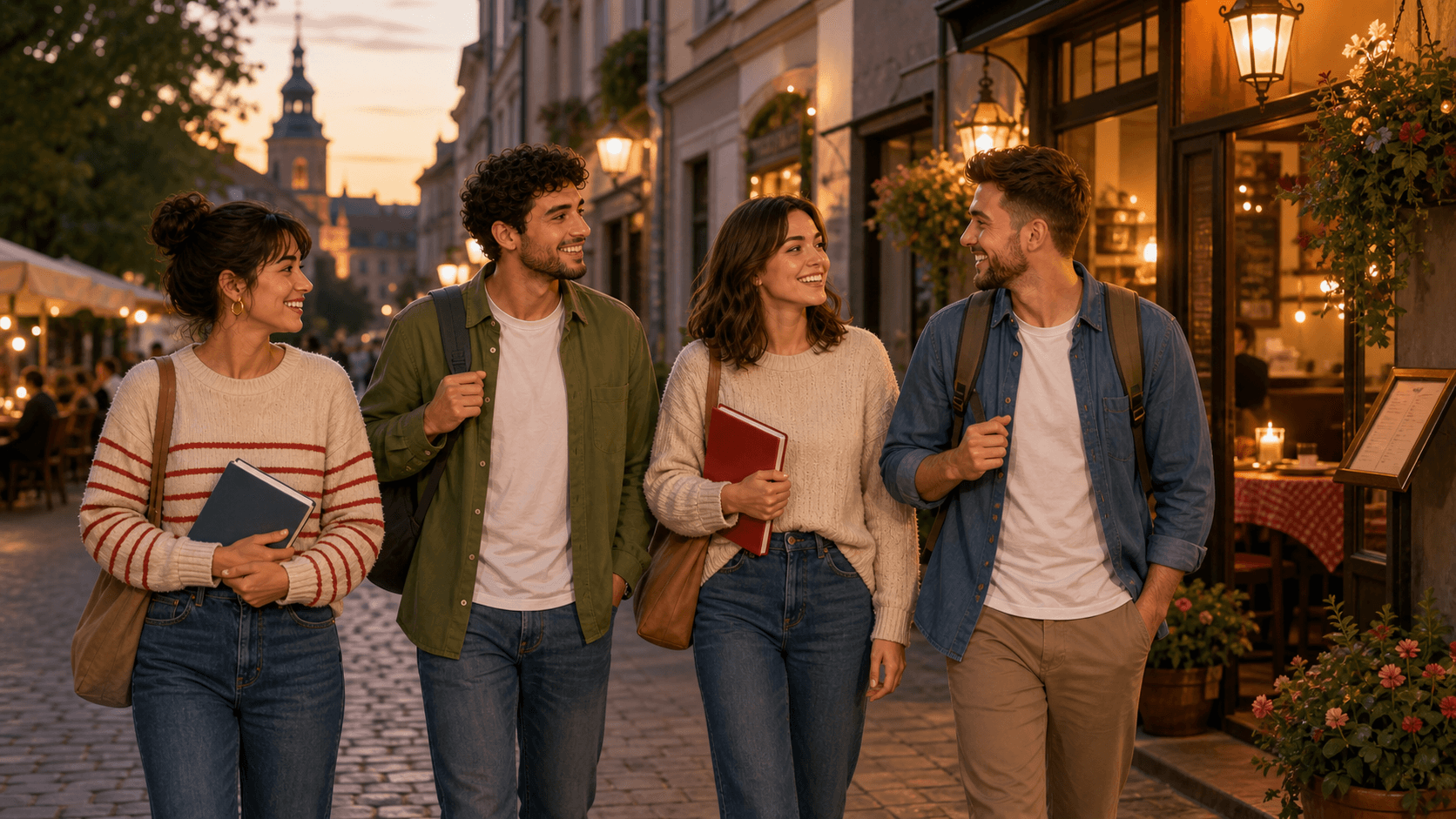 Four adult Polish learners walking together on a warm Warsaw street toward a restaurant