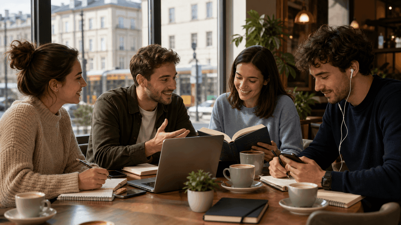 Adult Polish learners relaxing in a Warsaw cafe with headphones and a laptop
