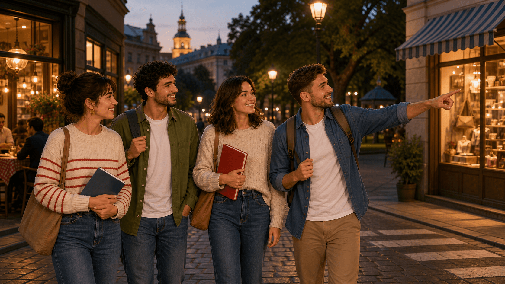 Four adult Polish learners deciding where to go next on a warm Warsaw street near a cafe, shop, and park