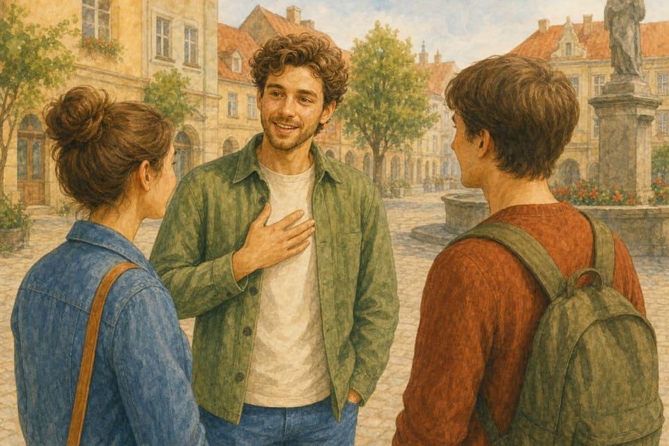 A man introducing himself to a small group of new friends