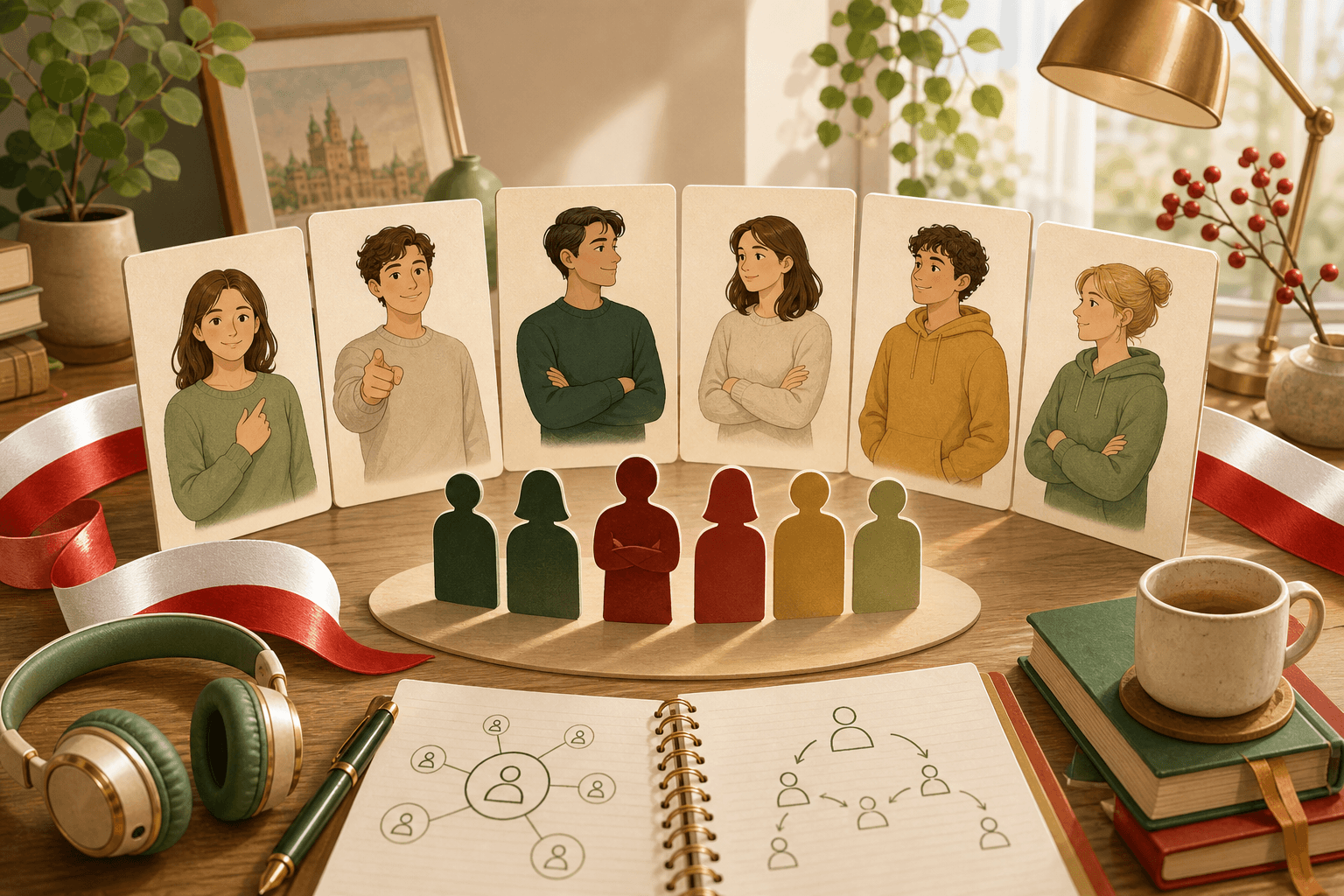 A warm study table with learner cards, simple person figures, headphones, notebooks, and a red and white Polish ribbon