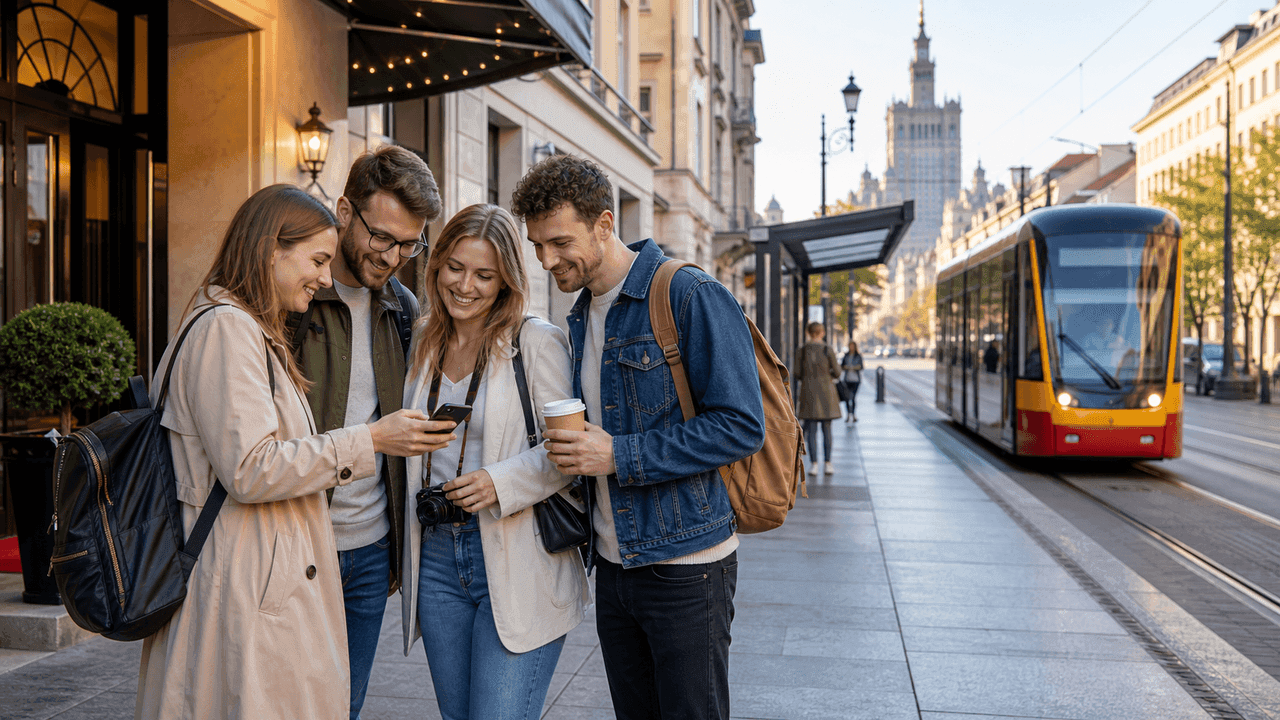 Adult Polish learner near a Warsaw tram stop checking public transport information while a tram arrives nearby