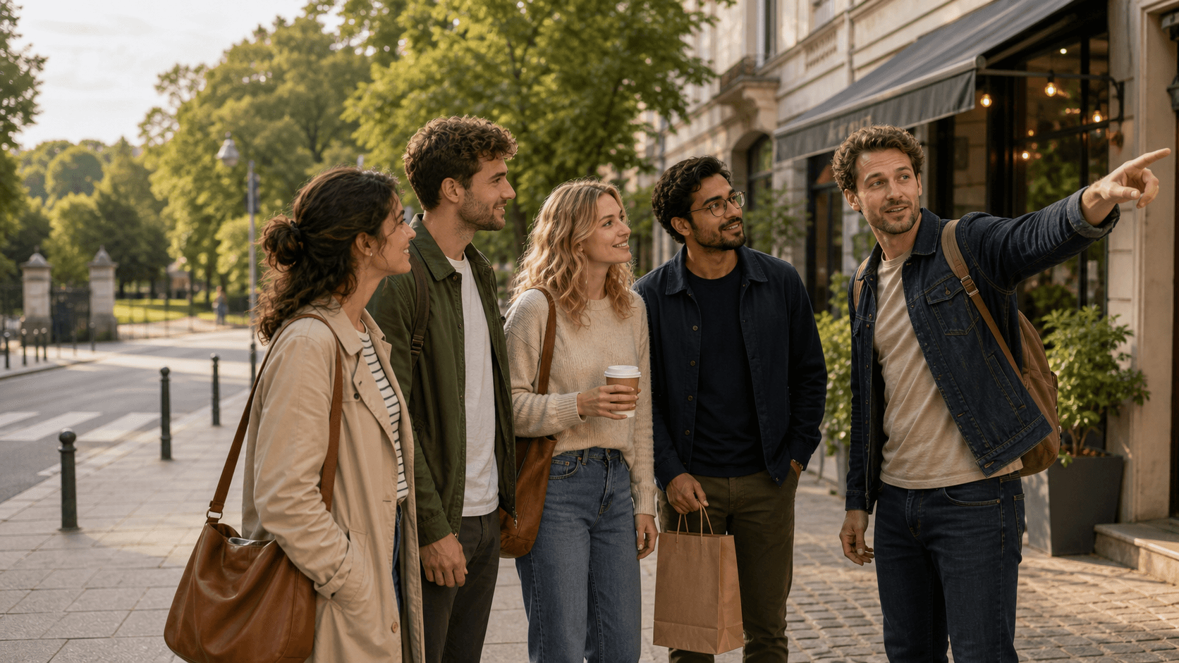 Adult Polish learners asking a passerby for directions near a park entrance
