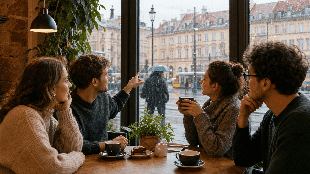 Adult Polish learners in a Warsaw cafe looking at rainy weather through the window