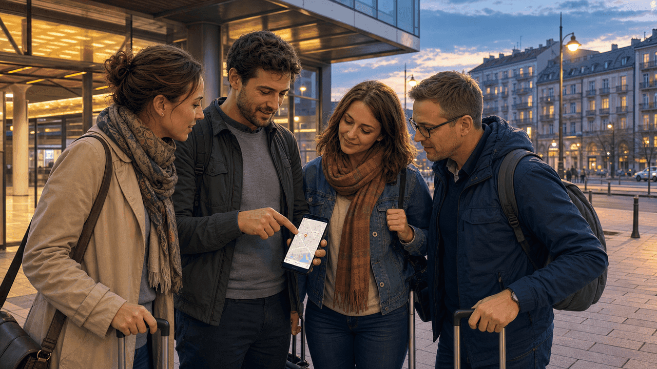 Adult Polish learners near a Warsaw train station reading a hotel address