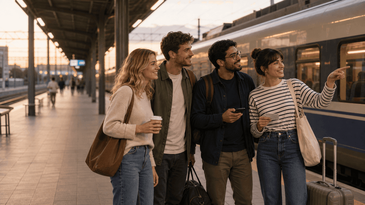 Adult Polish learners at a train station buying tickets before boarding