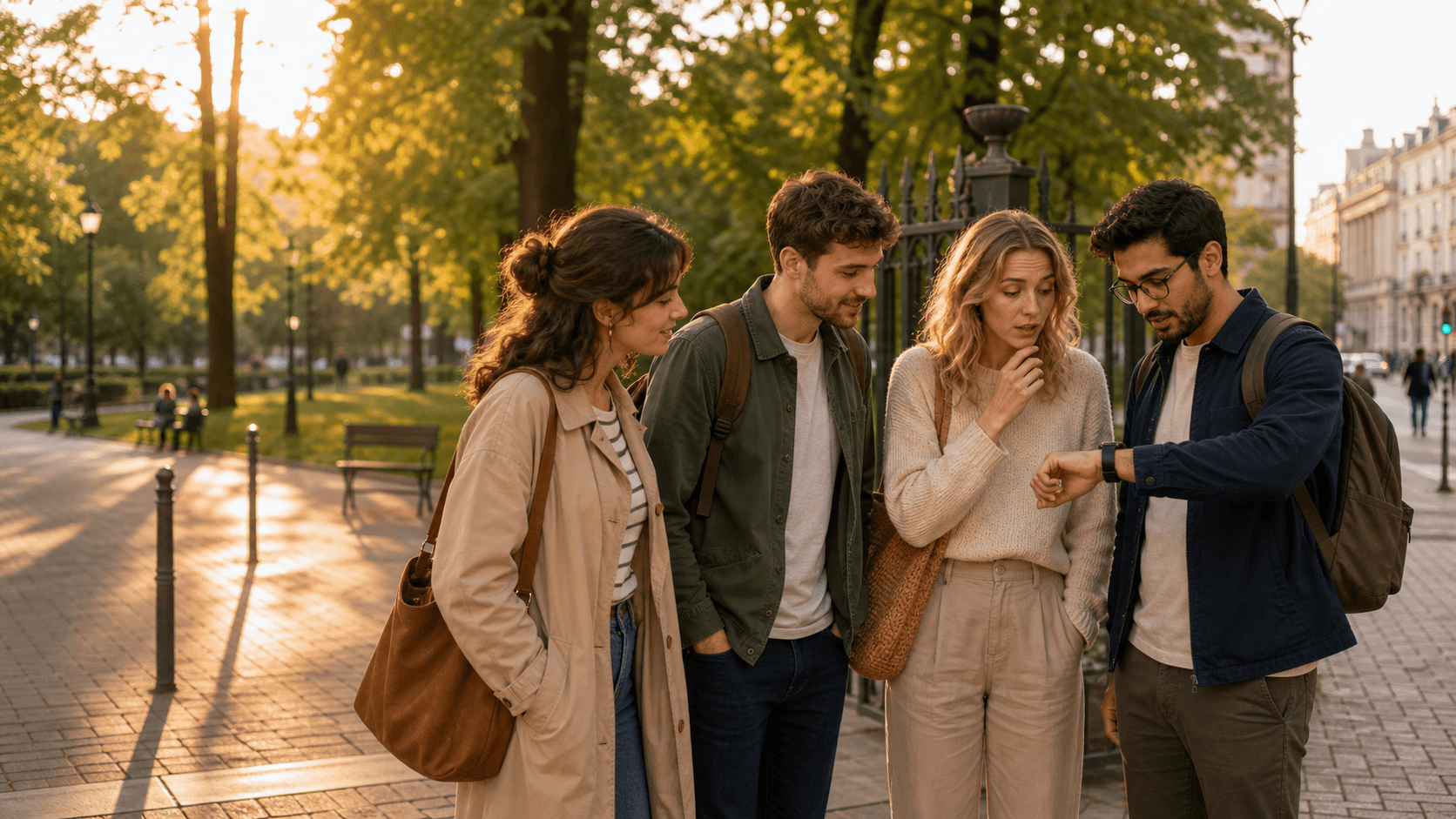Adult Polish learners checking the time near a park in the evening