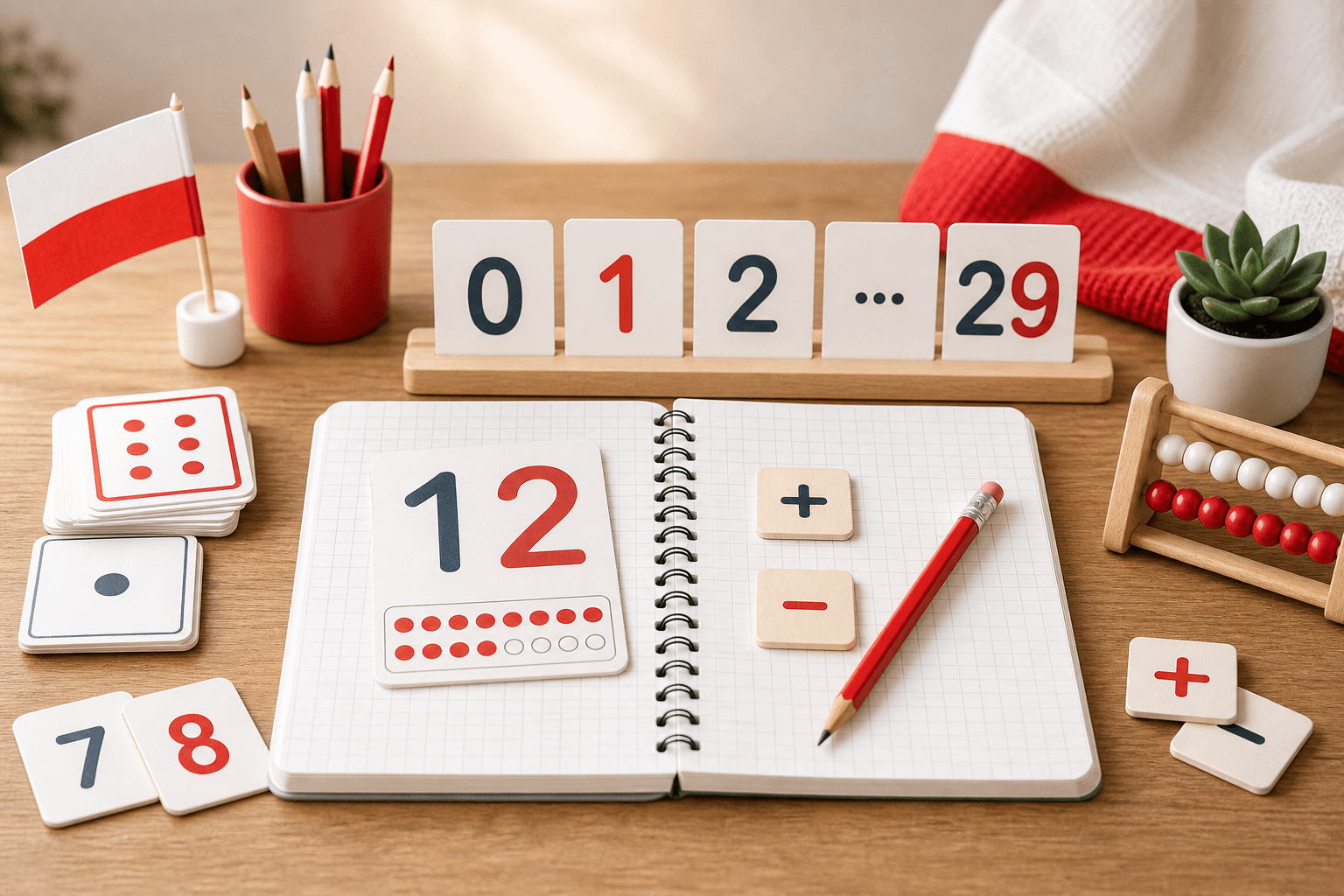 A warm study desk with number cards, plus and minus tiles, a notebook, a pencil, and Polish red-and-white accents