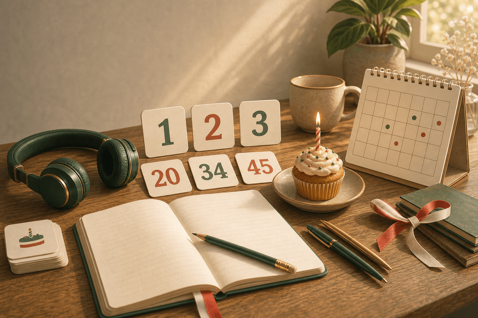 A warm study desk with number cards, a birthday cupcake, notebooks, headphones, and a Polish ribbon