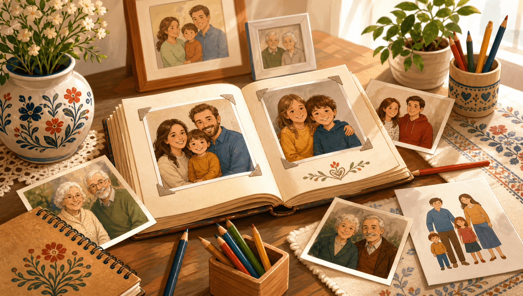 A warm family photo album with notebooks and Polish folk-inspired details on a bright table