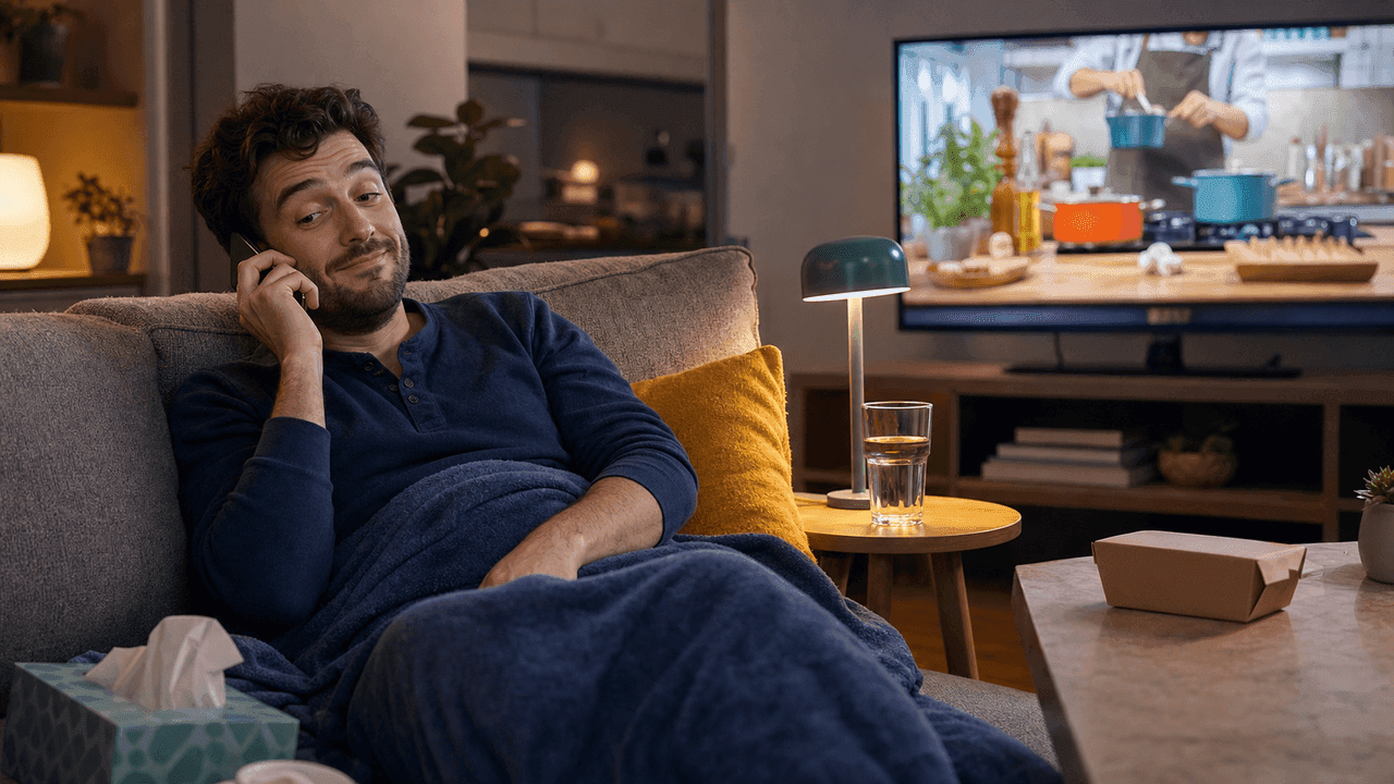 Adult Polish learner resting at home while taking a phone call beside water and a cooking show on TV