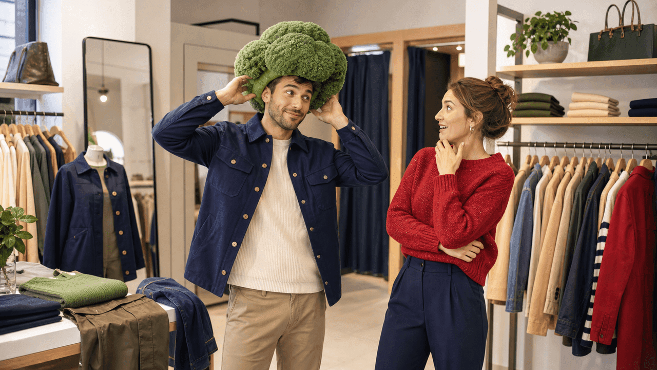 Adult Polish learners in a clothing store reacting to a large green hat