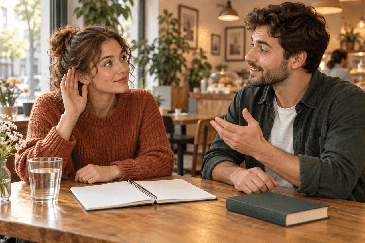 Ewa asks Adam to repeat a Polish word during a calm study conversation