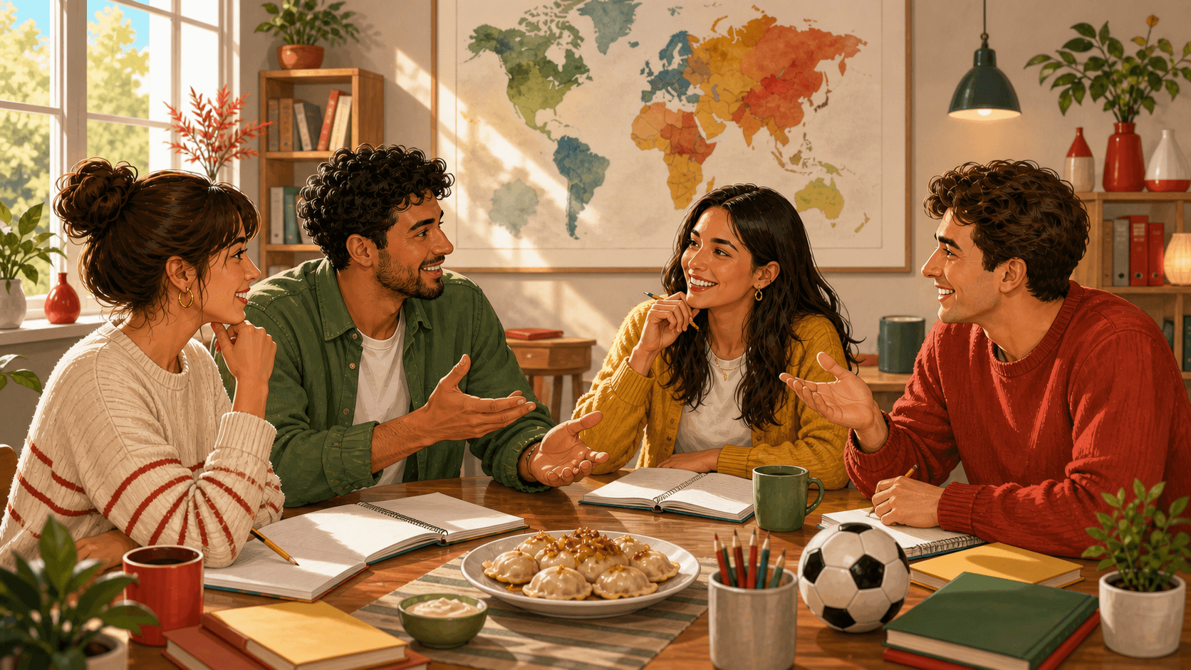 Adult Polish learners talking around a classroom table with a globe, coffee, pierogi, and a soccer ball