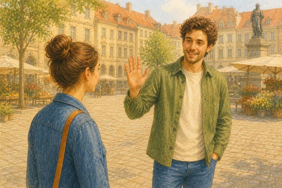 Adam greeting Ewa with a friendly wave in a Polish square
