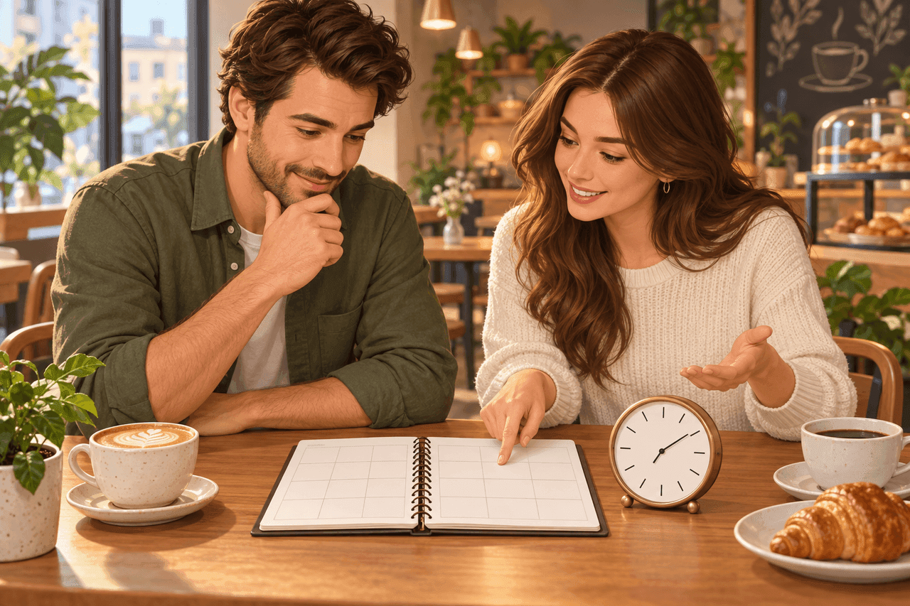 Adam and Ewa arrange a meeting while looking at a planner and a clock