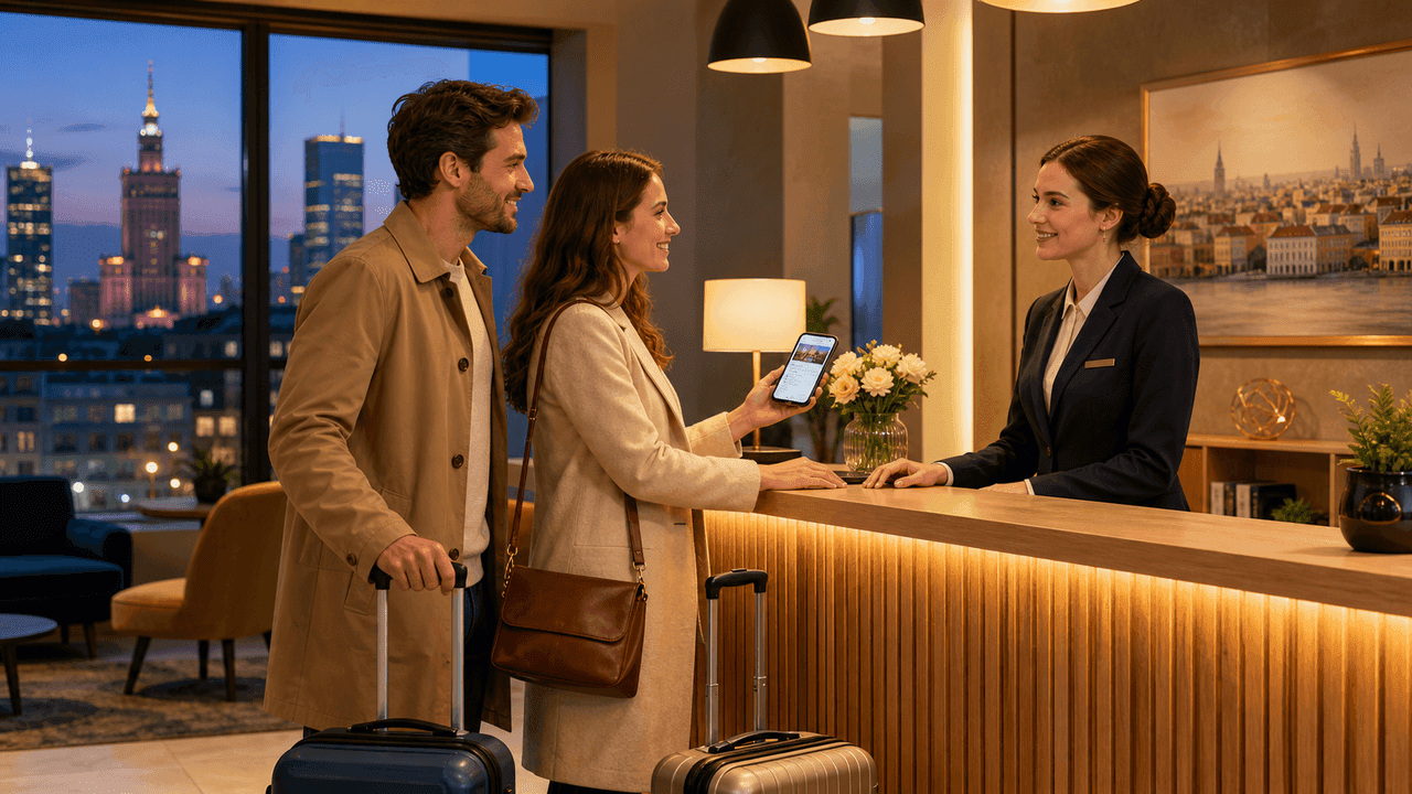 Adult Polish learners at a warm hotel reception in Warsaw showing a reservation on a phone
