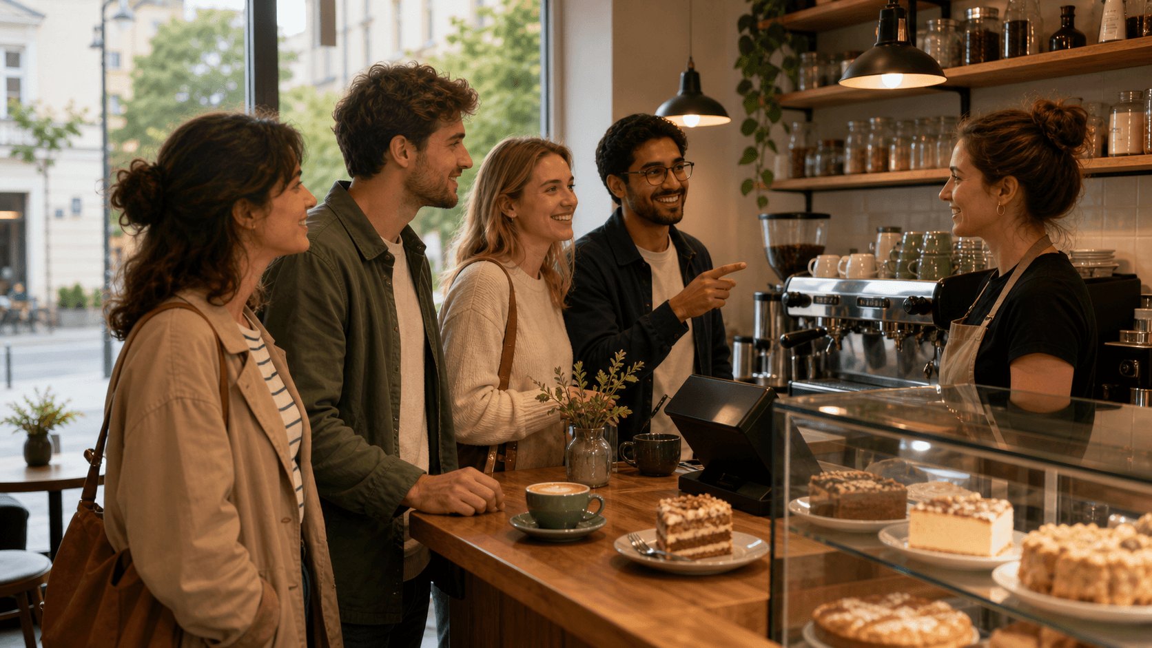 Adult Polish learners ordering coffee and cake from a barista in a cozy cafe