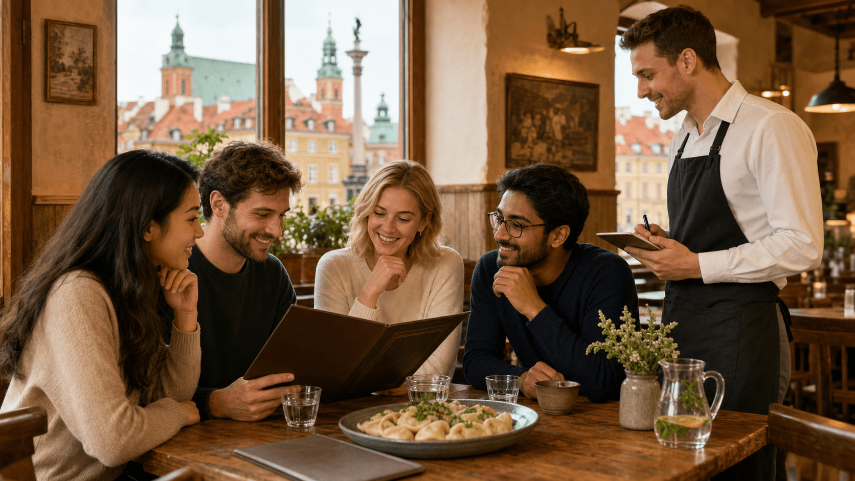 Four adult Polish learners ordering pierogi with a waiter in a warm Warsaw restaurant
