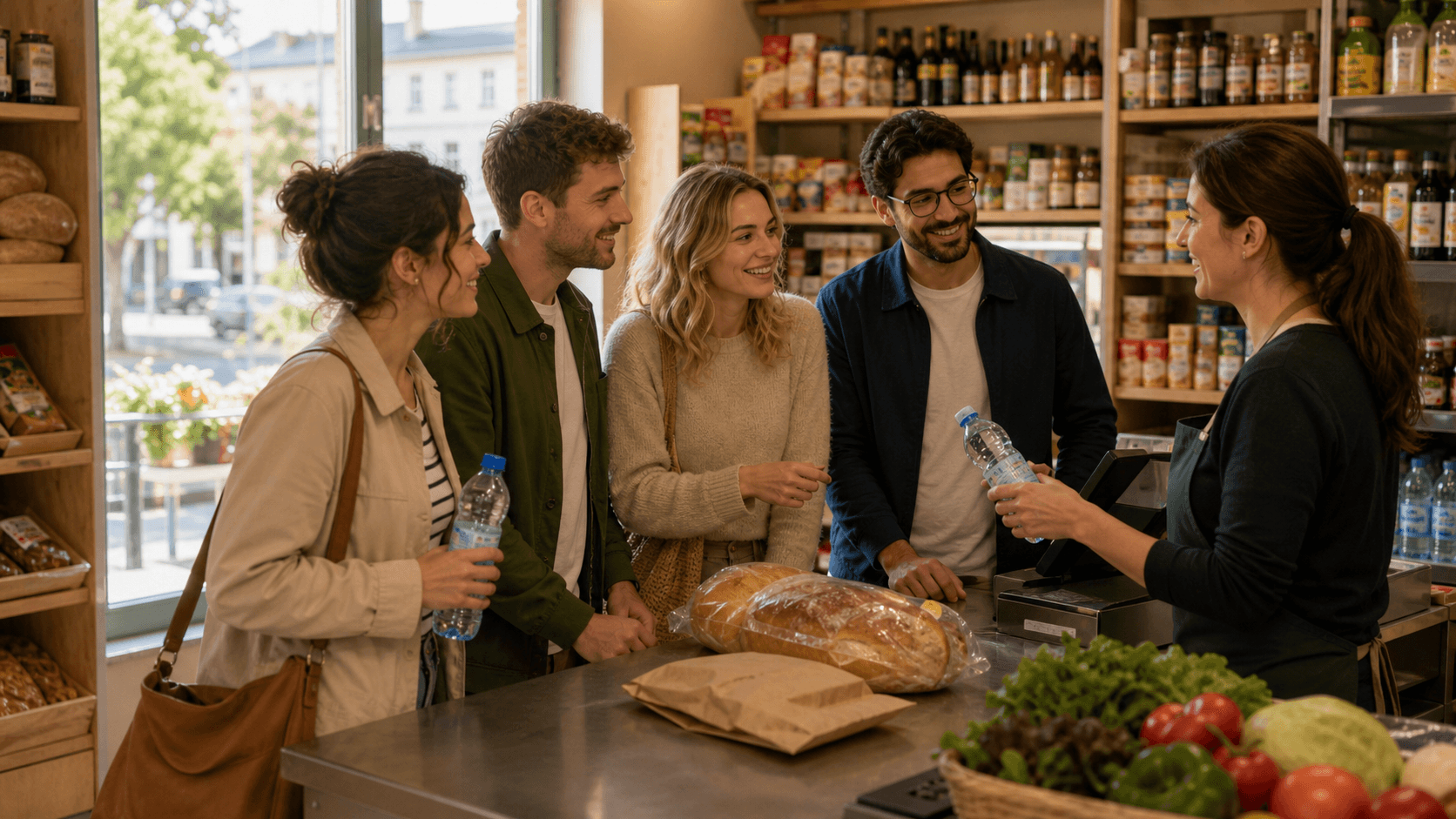 Adult Polish learners buying water and bread from a shop clerk in a small neighborhood shop