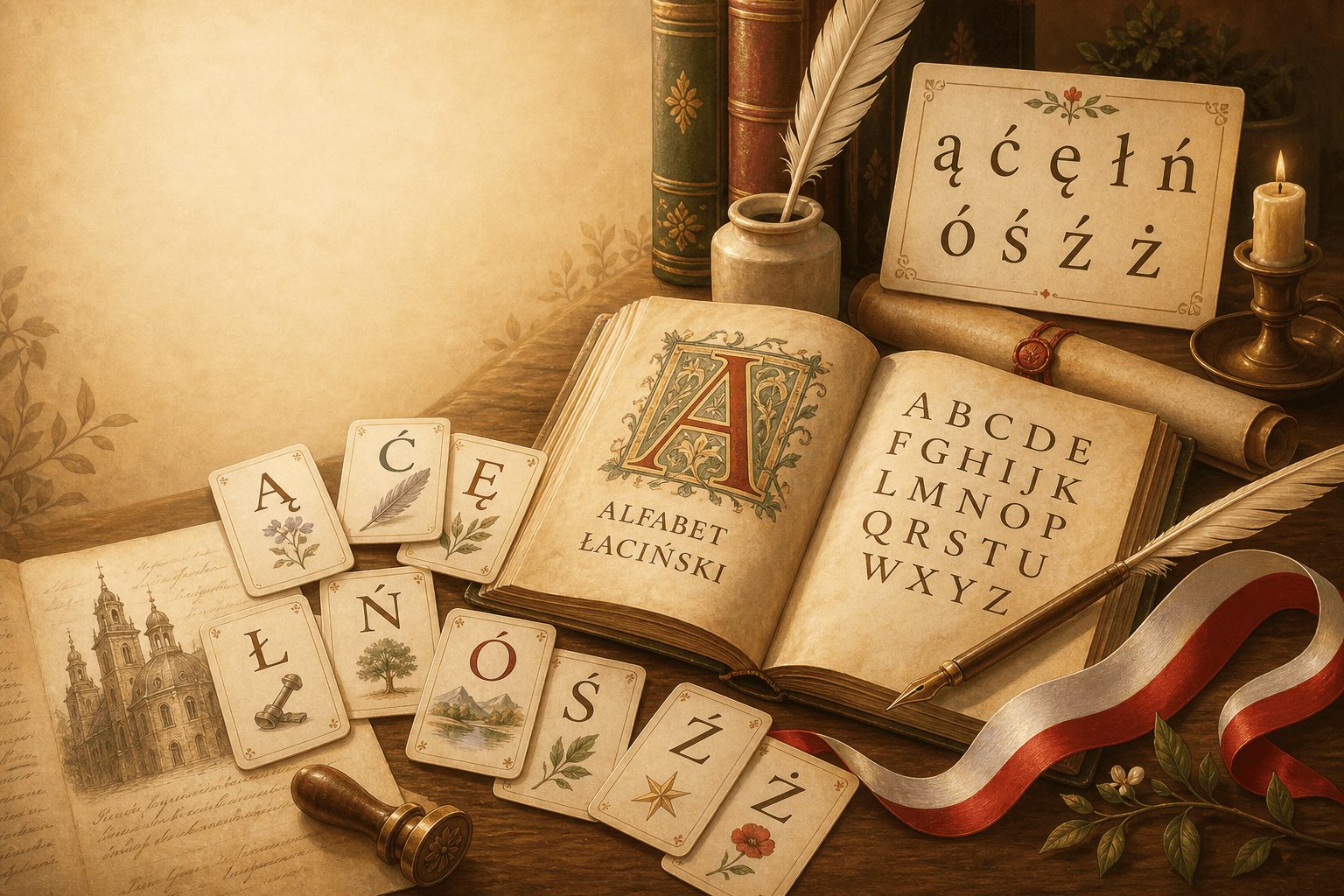 An old book with Latin letters, Polish special letters, a quill, and a red-and-white ribbon