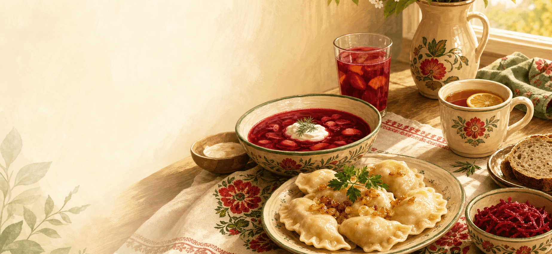 A warm table scene with pierogi, beet soup, tea with lemon, and a Polish patterned cloth