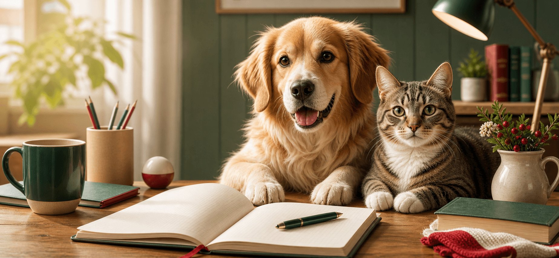 A dog and a cat beside an open notebook on a cozy study desk