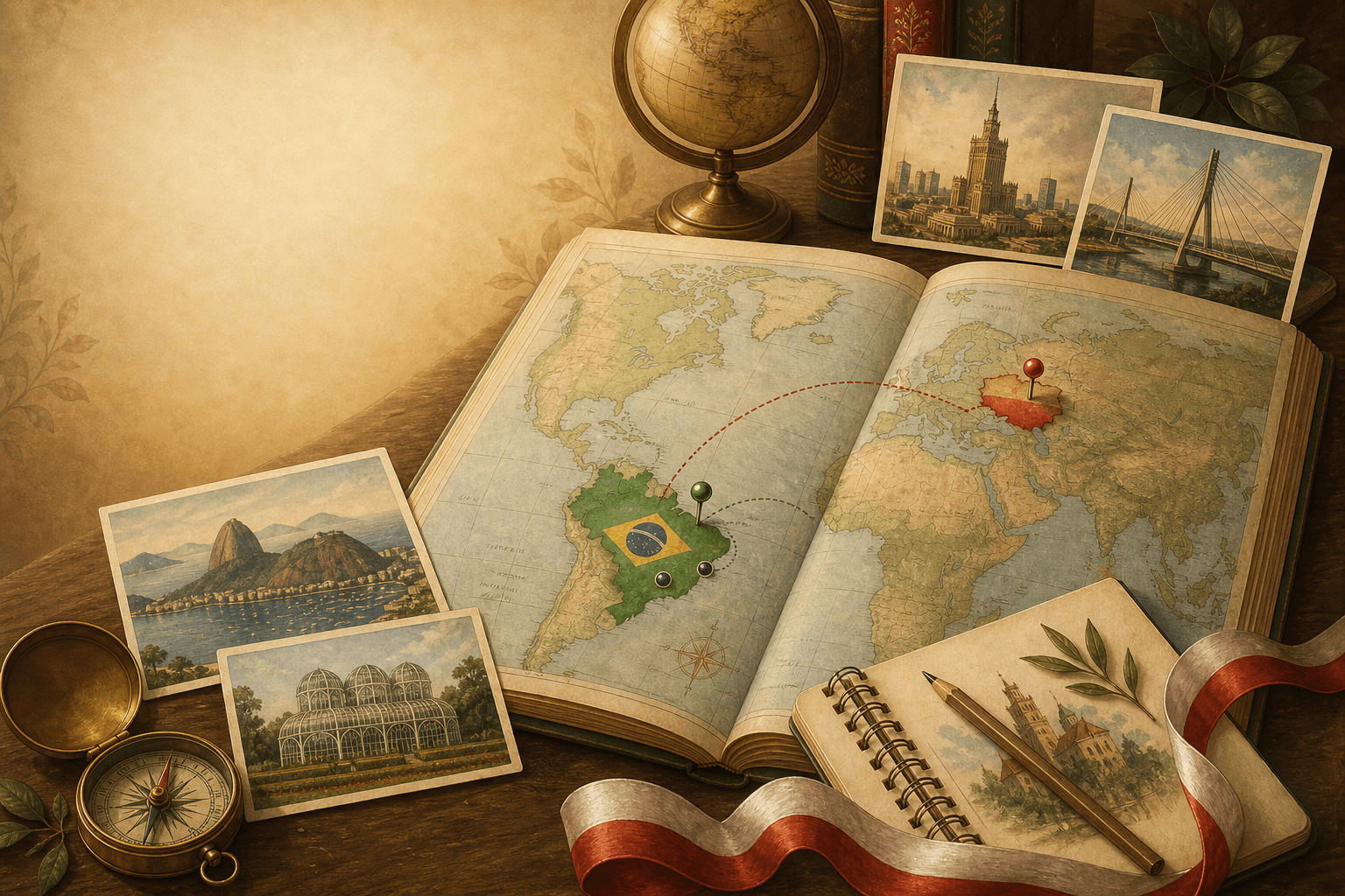 An open map connecting Poland and Brazil with postcards, pins, and a red-and-white ribbon