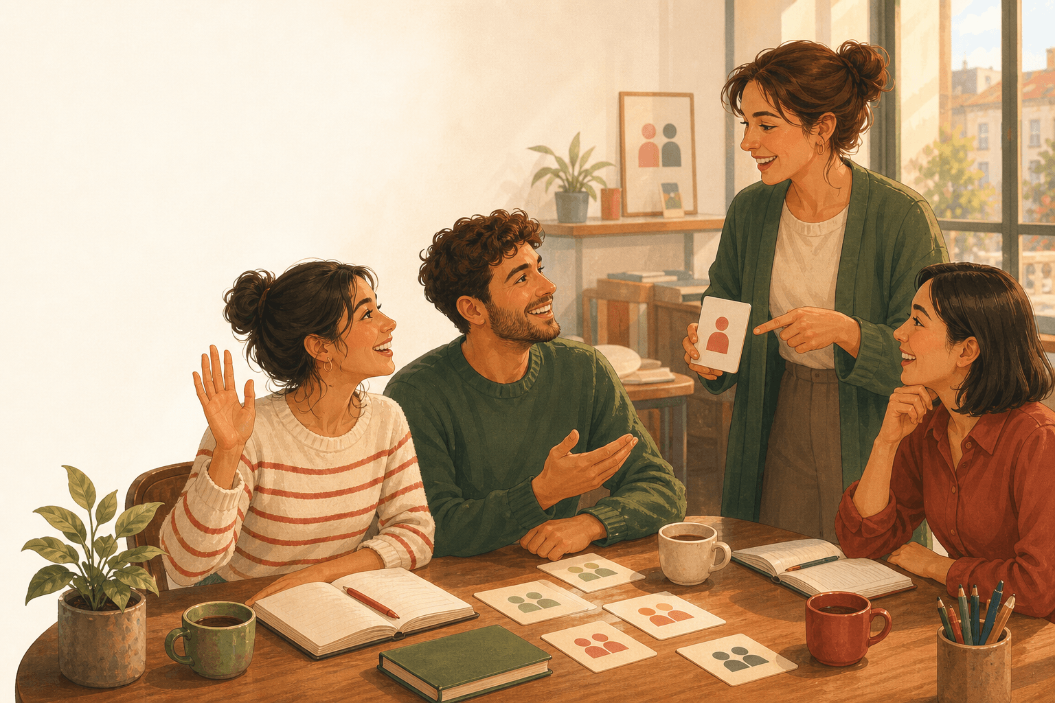 A small group practicing greetings in a warm language class